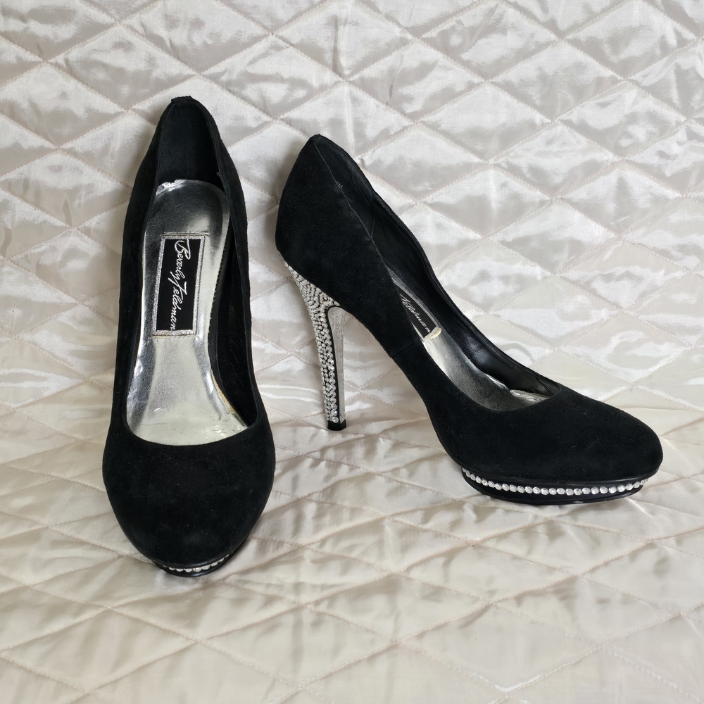 Betsey Johnson Black Suede Rhinestone Platform Pumps